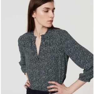 Ann Taylor LOFT green and navy spotted mixed media blouse